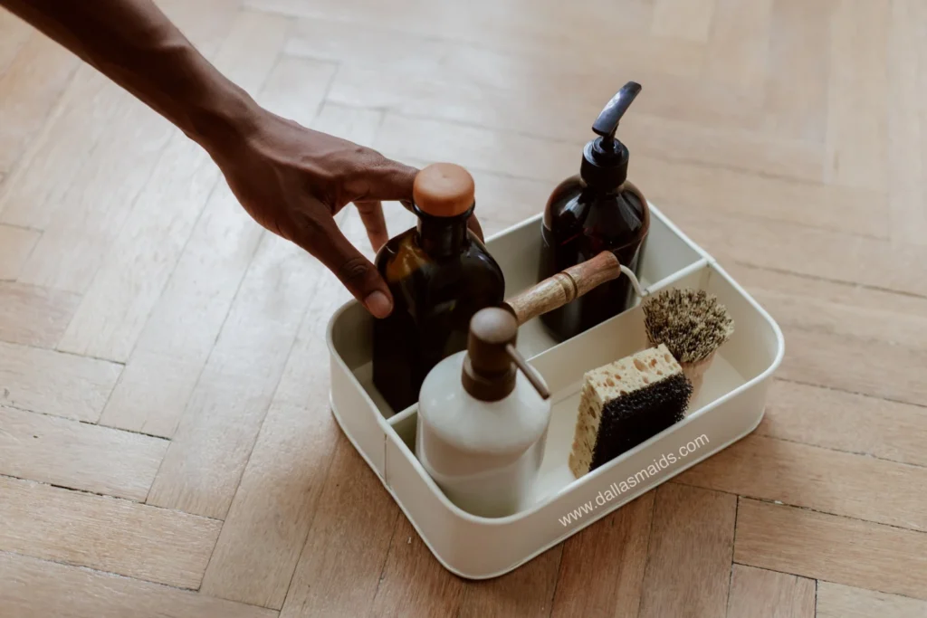 Using a cleaning caddy to handle and store cleaning products - Dallas Maids of Frisco